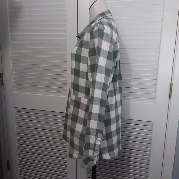 Caslon Green‎ White Large Check Cotton Flannel Tunic Roll Tab Sleeves Size Small - Picture 7 of 11